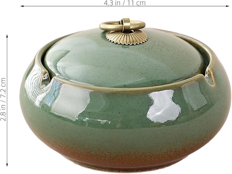 منفضة سجائر خضراء خزفية بغطاء مقاوم للرياح وحاملة رماد محمولة لتزيين الداخل والخارج والمنزل والمكتب والفسحة - Image 3